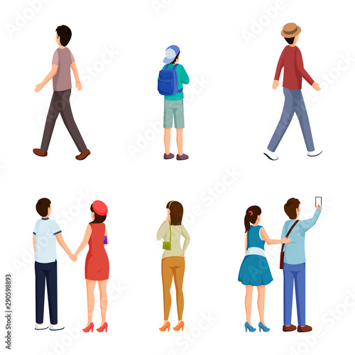 People of different ages characters set. Men in casual clothes, young woman with purse, male schoolboy with rucksack back view. Romantic couples holding hands, dating, making selfie