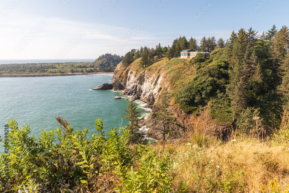 USA, Washington State, Ilwaco, Cape Disappointment State Park. The Lewis & Clark Interpretive Center overlooking the Columbia River and Pacific Ocean.