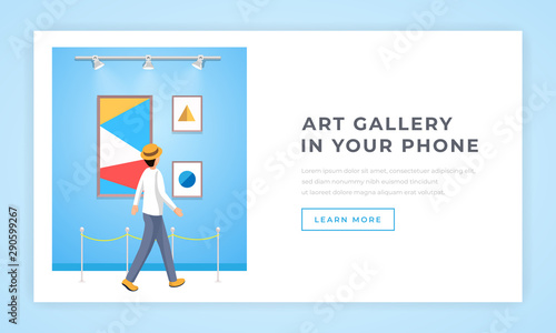 Contemporary art gallery landing page template. Male museum exhibition visitor looking at abstract paintings cartoon character. Digital artwork collection website page design layout