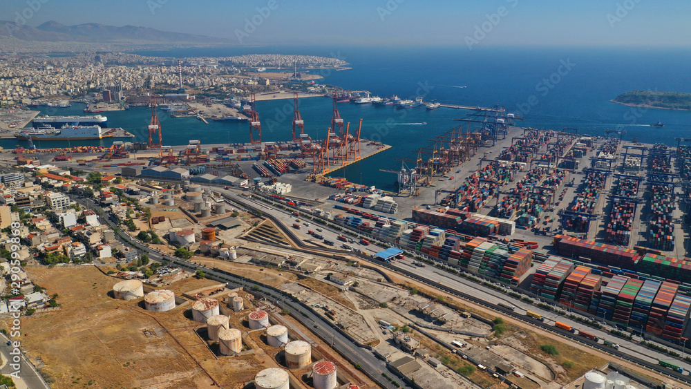 Aerial drone photo of industrial cargo container terminal in commercial port of Piraeus