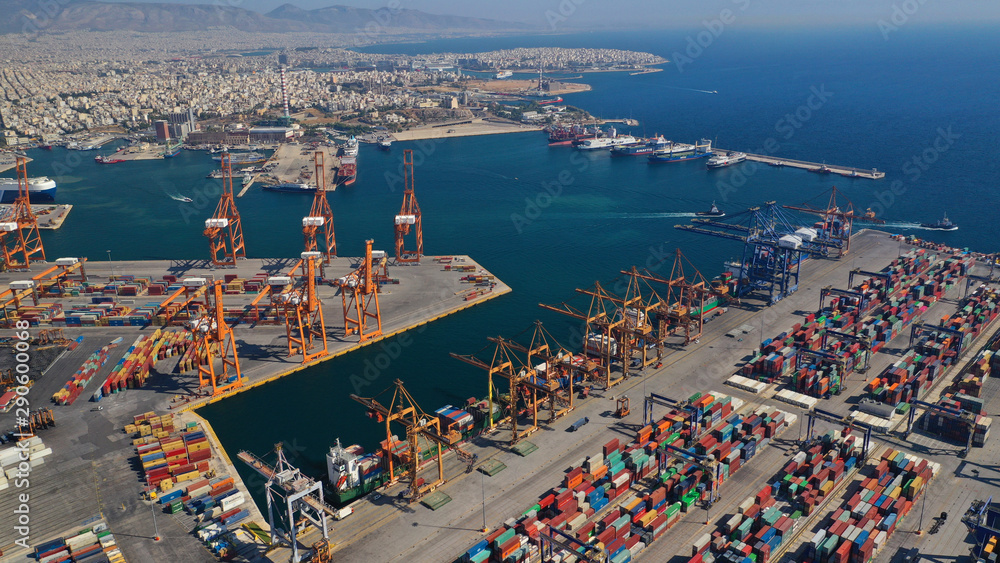 Aerial drone photo of industrial cargo container terminal in commercial port of Piraeus