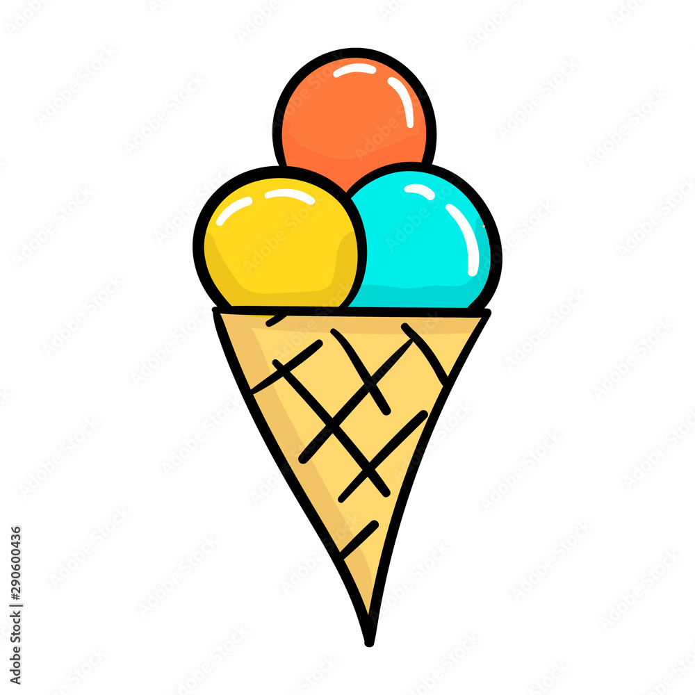 Melting ice cream balls in the waffle cone isolated on white background. Vector flat outline icon. Comic character in cartoon style illustration for t shirt design Melting ice cream balls in the waffle cone isolated on white background. Vector flat outline icon. Comic character in cartoon style illustration for t shirt design