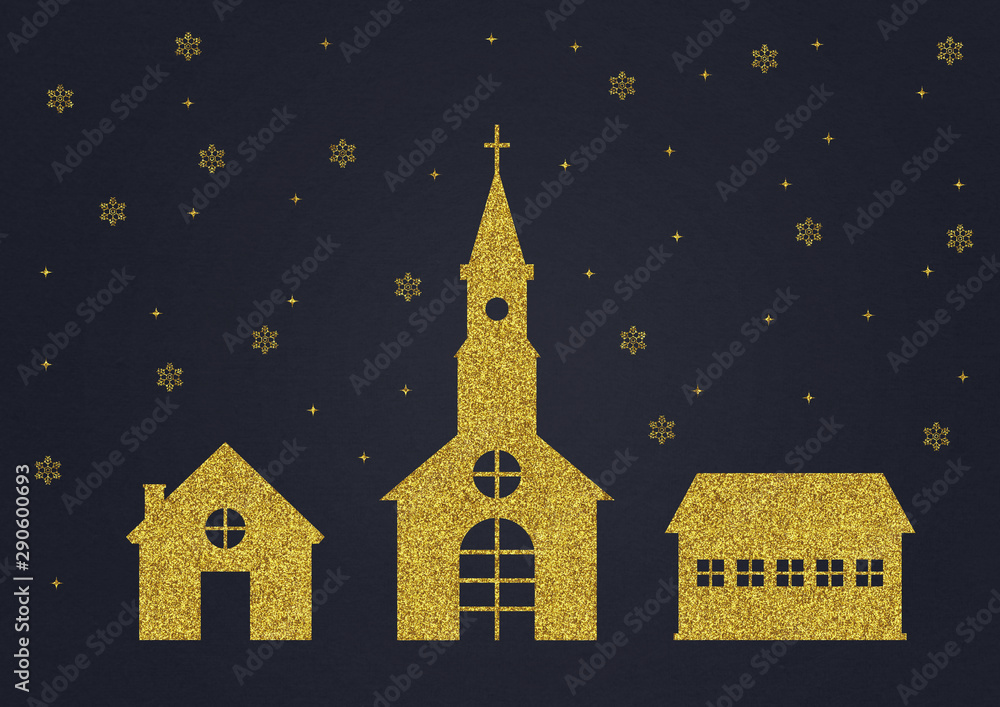 Fototapeta premium Christmas gold glitter elements. Church and houses.