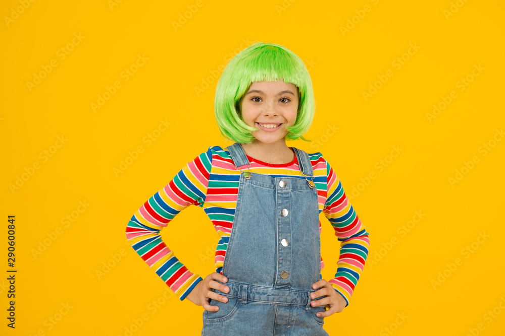 Coloring childs hair great way upgrade costume. Change color. Pigment dye hair. Growing freedom for self expression. Fantasy hair trend. Kid girl with bright vibrant hairstyle. Artificial wig concept Coloring childs hair great way upgrade costume. Change color. Pigment dye hair. Growing freedom for self expression. Fantasy hair trend. Kid girl with bright vibrant hairstyle. Artificial wig concept