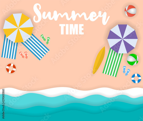 Top view beach background with umbrellas,balls,swim ring,sunglasses,surfboard,hat,sandals,juice,starfish and sea.