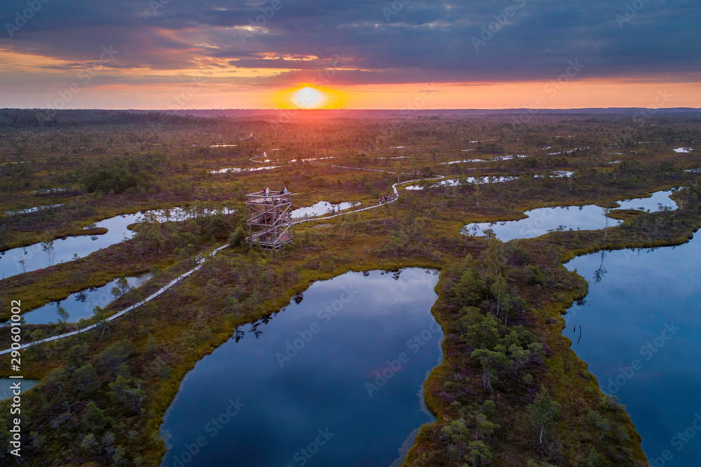 Aerial view of swamp, wooden path and wooden watchtower  in Kemeri national park during sunrise. (high ISO image)