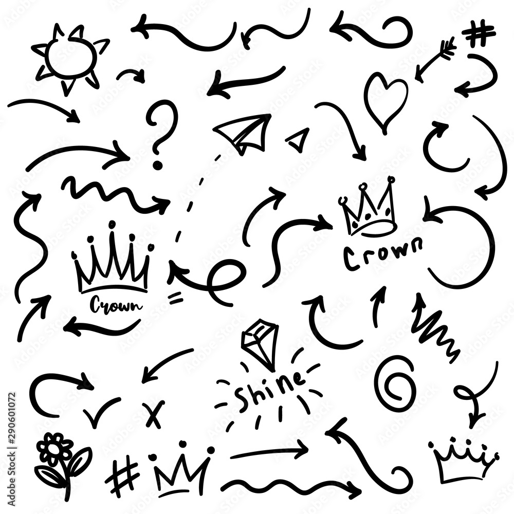 Naklejka premium Isolated vector hand drawn arrows set. Vector crown logo. Hand drawn arrows graffiti sketch and signs collections. Arrows Black brush line isolated on white background