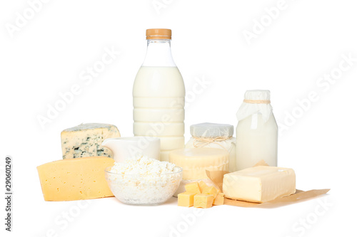 Fresh dairy products isolated on white background. Cheese, milk, butter