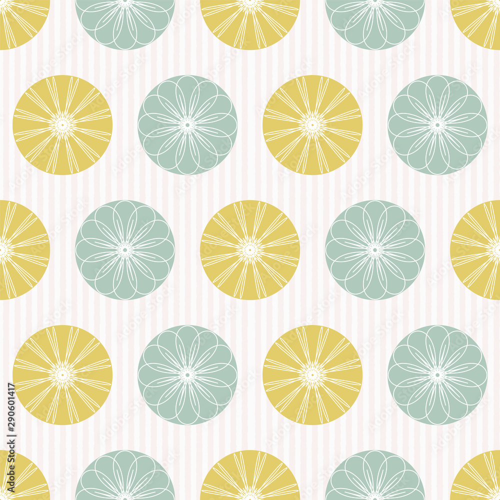 Fototapeta premium Ornate circles and stripes seamless vector pattern background. Retro geometric print design.