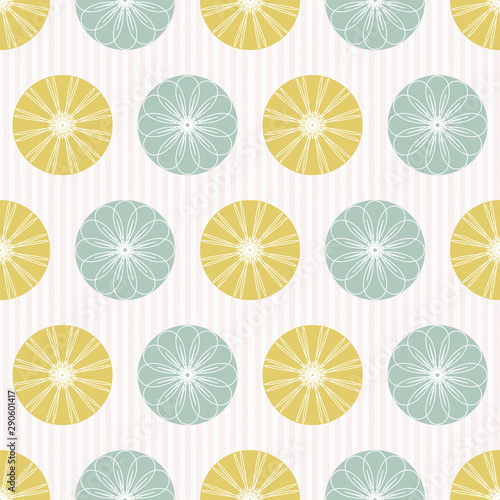 Ornate circles and stripes seamless vector pattern background. Retro geometric print design.