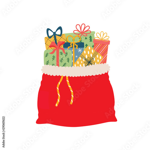 Open red bag full of Christmas presents vector solated. Cartoon Santa s sack with gift boxes for congratulation at holidays