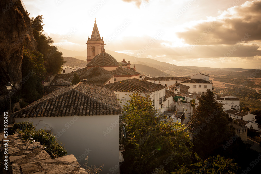a view over Zahara de la Sierra town at sunset, province of Cadiz, Andalusia, Spain