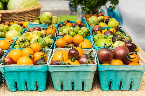 USA, Washington State, Vancouver. Fresh heriloom tomatoes for sale at a farmers market. photo