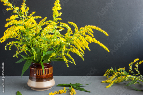 bouquet of Canadian goldenrod in a brown ceramic vase on a gray background, twigs with delicate yellow flowers