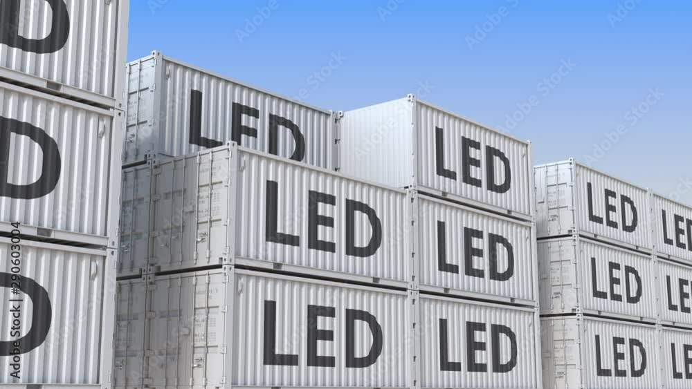 Container terminal full of containers with LED text. Production, export or import related loopable 3D animation Container terminal full of containers with LED text. Production, export or import related loopable 3D animation