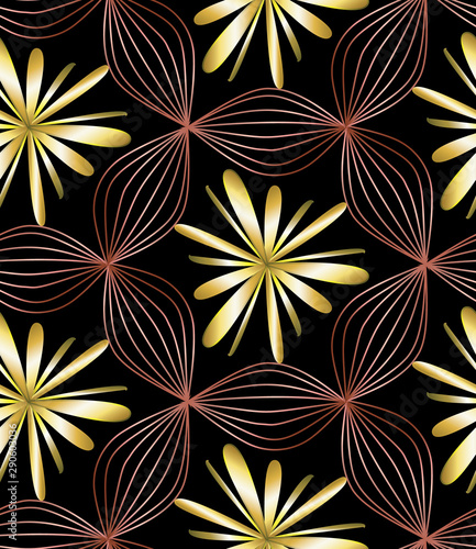 beautiful rich floral design with rose gold decorative frame and golden flowers for festive and celebration occasions, greeting cards, wedding, backgrounds, wallpapers and backdrops. seamless tile.