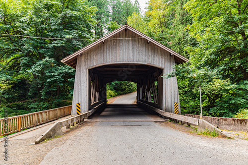 USA, Washington State, Woodland. Covered bridge over Cedar Creek near Vancouver, Washington.