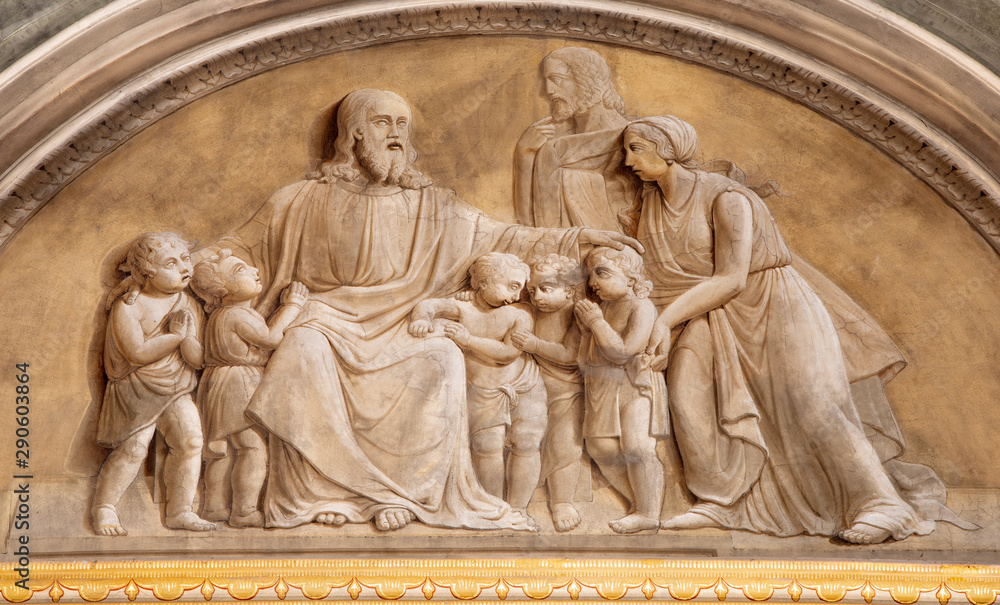 MALCESINE, ITALY - JUNE 13, 2019: The fresco of Jesusamong the children in church Chiesa di Santo Stefano.
