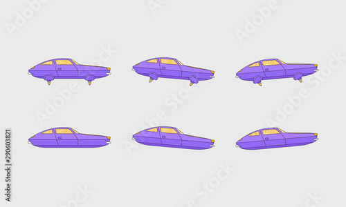 Retro futuristic flat style flying car design. 2d game retro flying car design, animation steps, levitation car moving forward and backward 