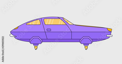 Retro futuristic flat style flying car design. Retro cyber car logotype.