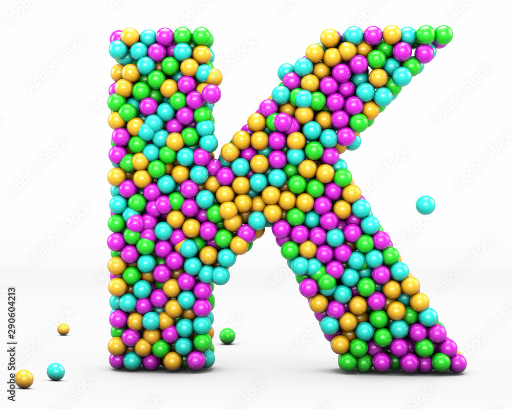 Alphabet balls multi-colored, kids font 3d render. Letter K. Isolated on white background. Alphabet balls multi-colored, kids font 3d render. Letter K. Isolated on white background.