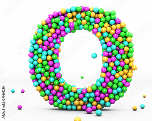  Alphabet balls multi-colored, kids font 3d render. Letter O. Isolated on white background.