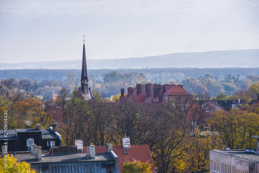Naklejka premium landscape with church turret urban landscape with trees and blue sky mist fog