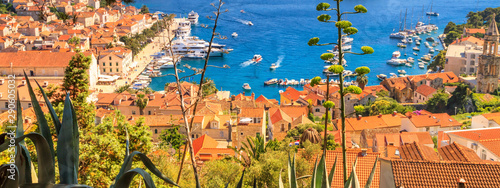 Coastal summer landscape - view of the City Harbour of the town of Hvar and Paklinski Islands, the island of Hvar, the Adriatic coast of Croatia