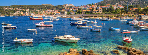 Coastal summer landscape - view of the City Harbour of the town of Hvar, on the island of Hvar, the Adriatic coast of Croatia