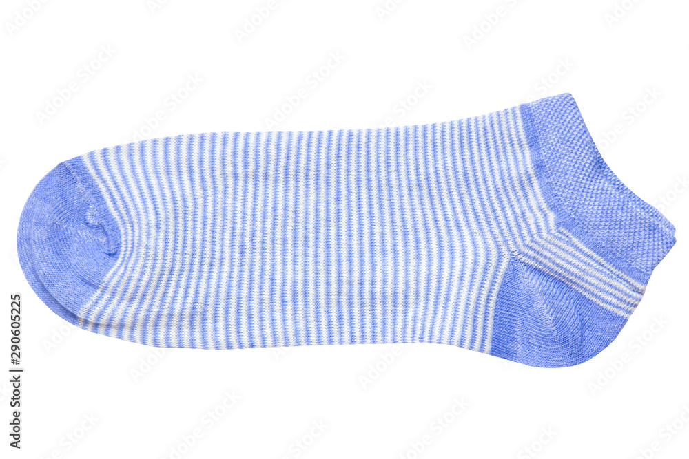 One blue women's striped sock on a white background. Isolate One blue women's striped sock on a white background. Isolate