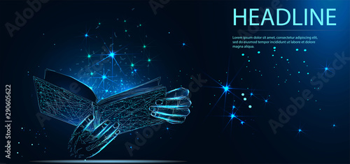 Open book bursting with light in human hands. Vector illustration. Headline
