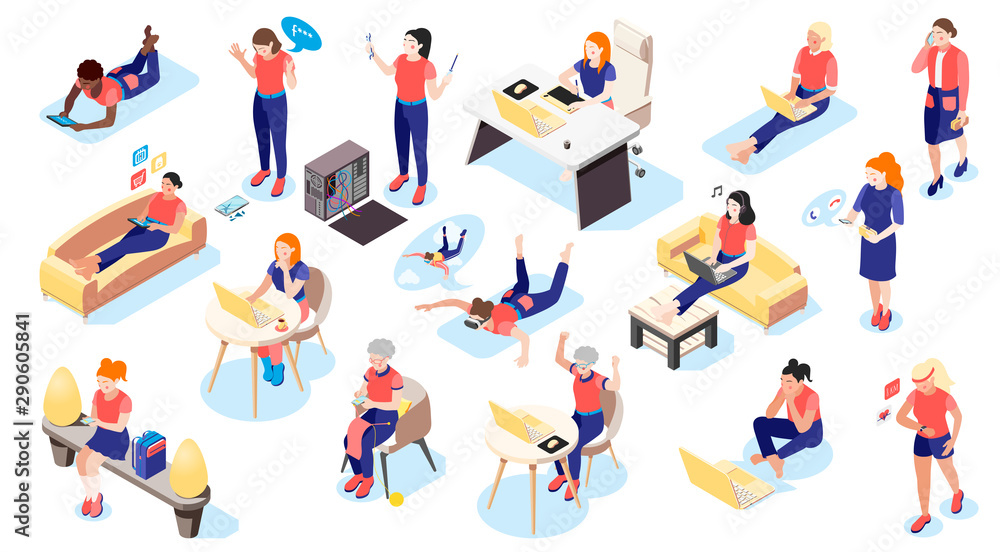 Women And Technology Isometric Icons Women And Technology Isometric Icons