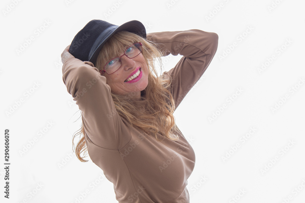 senior adult woman smiling with hat isolated on white background senior adult woman smiling with hat isolated on white background