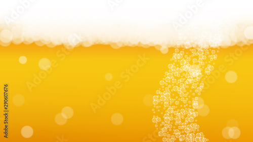 Beer foam. Craft lager splash. Oktoberfest background. pub menu concept. Bavarian pint of ale with realistic white bubbles. Cool liquid drink for Golden mug with beer foam. photo