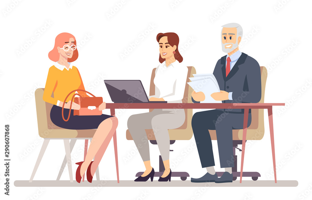 Job interview flat vector illustration. Boss with personal assistant hiring employee. Banking consultation. HR managers and interviewer isolated cartoon characters on white background