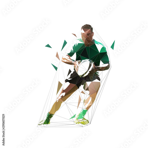 Rugby player running with ball in hands, front view. Isolated low polygonal geometric vector illustration