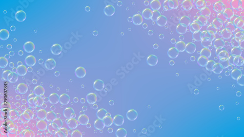 Cleaning foam. Soap bubble. Detergent suds for bath. Shampoo. 3d vector illustration template. Stylish spray and splash. Realistic water frame and border. Purple colorful liquid cleaning foam.