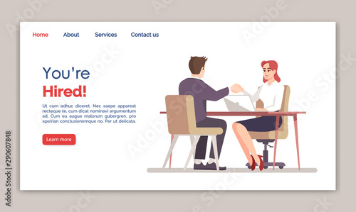 You are hired landing page vector template. HR agency website interface idea with flat illustrations. Recruitment homepage layout. Successful job interview web banner, webpage cartoon concept