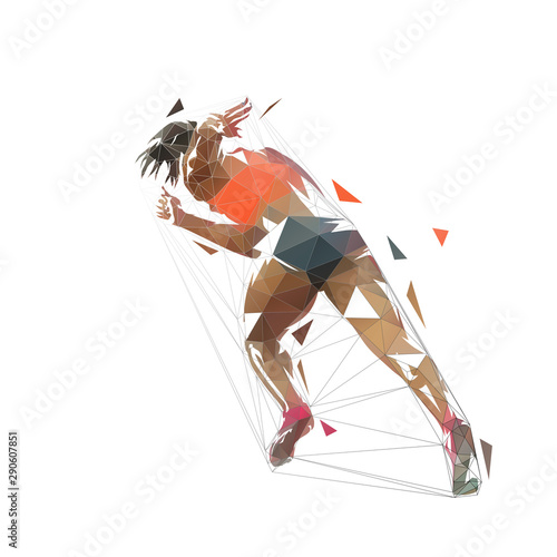 Sprinting woman, abstract low poly running woman illustration, isolated geometric vector drawing. Rear view