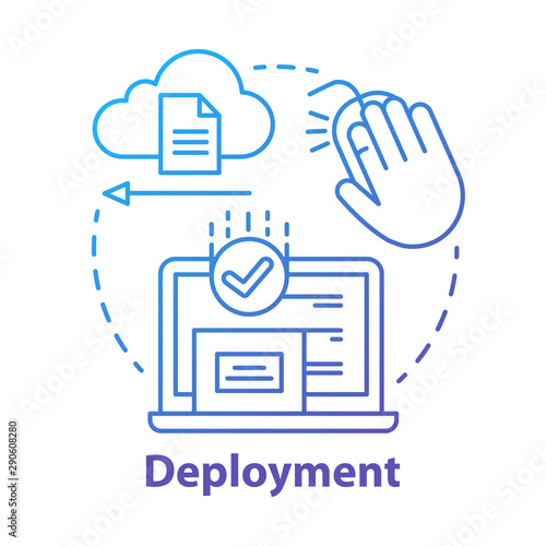 Deployment concept icon. Data send, receive. Product release. Usability test. Delivering completed software to consumers idea thin line illustration. Vector isolated outline drawing