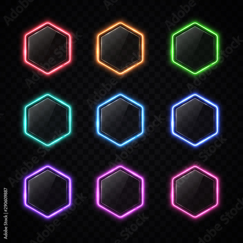 Modern neon hexagon frame set on transparent background. Color web buttons with glare plastic plate. Infographic internet flyer banner geometric shape design. Glowing led lamp sign vector illustration