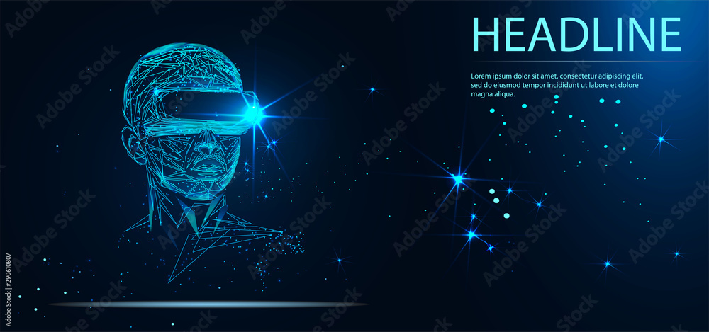 Into virtual reality world. Man wearing goggle headset. Vector illustration. Headline