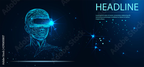 Into virtual reality world. Man wearing goggle headset. Vector illustration. Headline