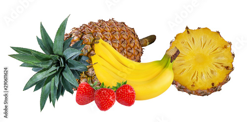 Pineapple, banana, kiwi and mango isolated on white background with clipping path