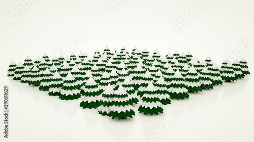 three-dimensional stylized Christmas trees with snowy branches. 3d rendering. illustration