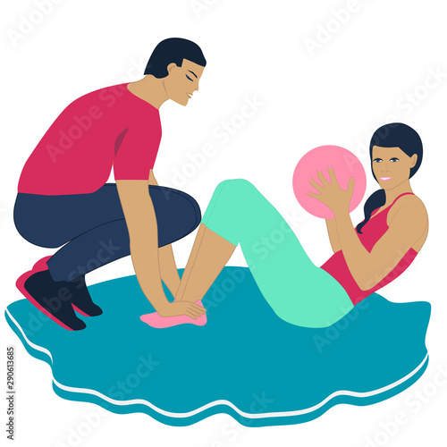 Coach, man, conducts classes - girl with a bouncy ball - isolated - vector. Pilates. Aerobics. Yoga. Sports training