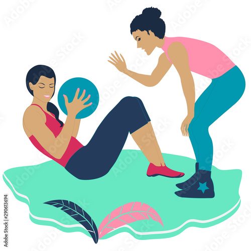 Coach, woman, conducts classes - girl with a bouncy ball - isolated - vector. Pilates. Aerobics. Yoga. Sports training