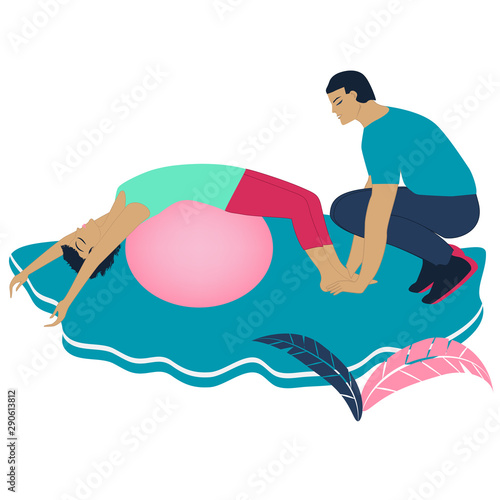 The coach, a man, conducts classes - the girl lies on a bouncy ball - isolated - vector. Pilates. Aerobics. Yoga. Sports training