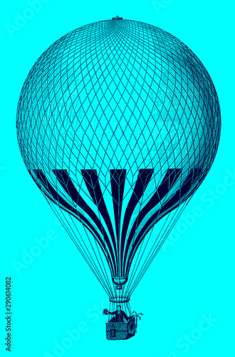 Historical balloon flying with one man on board in front of a blue background. lllustration after a lithography from the 19th century. Editable in layers