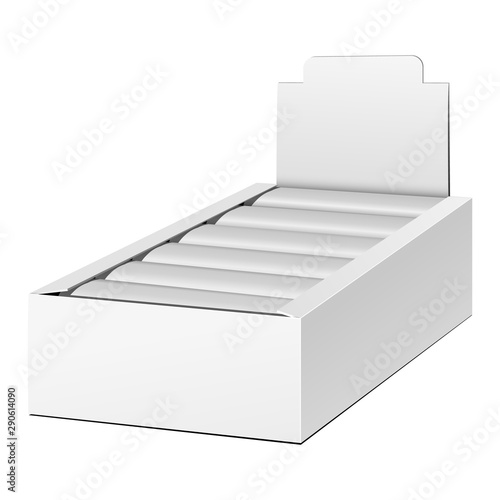 Mockup Display Holder Box Cardboard Filled Blank Empty. Chocolate, Protein Bar. Mock Up, Template. Products On White Background Isolated. Ready For Your Design. Mockup Product Packing. Vector EPS10